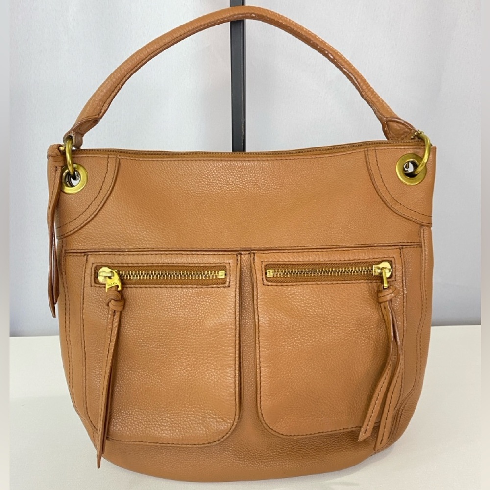 Fossil Karli Shoulder Handbag Honey Brown Pebble Leather Brass Hobo Saddlebag